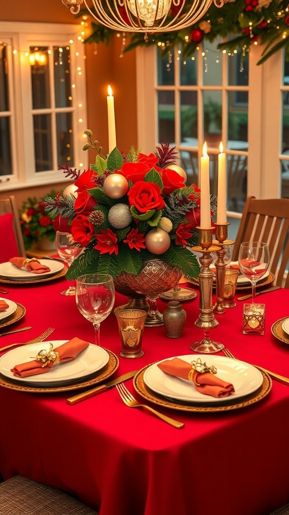 Christmas in July Table Setting Ideas A festive table setting for Christmas in July with red tablecloth, summer flowers, and Christmas decorations.
